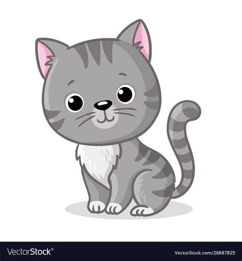Gray Kitten Sitting On A White Background Cute Pet In Cartoon Style