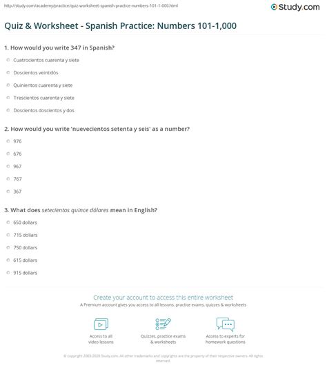 Quiz And Worksheet Spanish Practice Numbers 101 1000