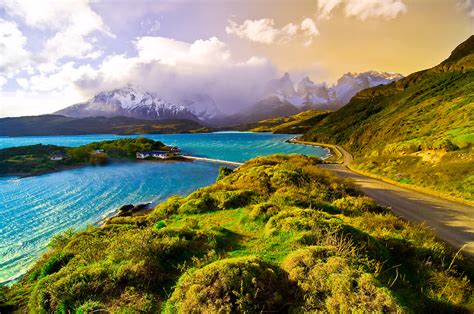 Lake Pehoe With Towers Of Paine Cuernos Del Paine Mountains In