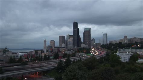 View Of Seattle City At Magic Hour From Far Away In United States Stock