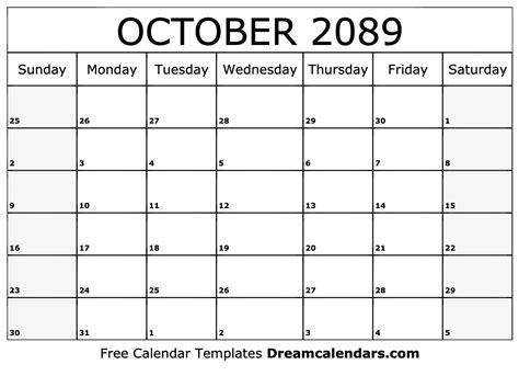 October 2089 Calendar Free Blank Printable With Holidays
