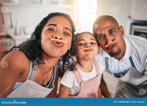 Selfie Food Or Portrait Of Girl And Parents In Funny Face Child