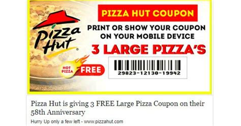 Pizza hut coupon codes for discount shopping at pizzahut.com and save with 123promocode.com. FAKE FREEBIE ALERT! Pizza Hut Coupon for 3 Large Pizzas ...