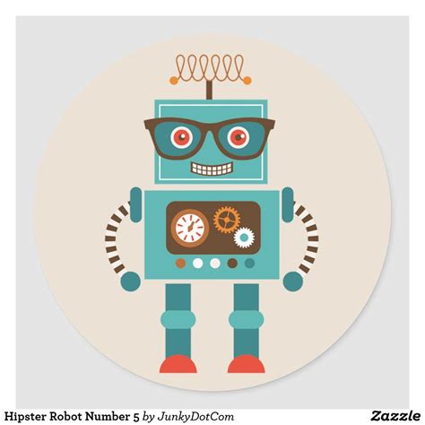 Hipster Robot Number 5 Classic Round Sticker | Stickers, Round stickers ...