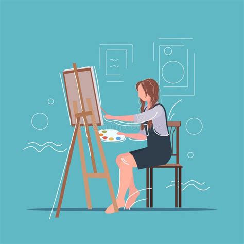 Female Painter Using Paintbrush Woman Artist Standing In Front Of Easel