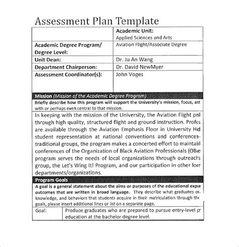 Assessment Plan Template 7 Free Samples Examples Format