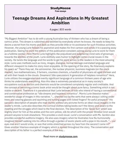 Teenage Dreams And Aspirations In My Greatest Ambition Free Essay Example