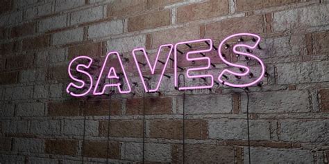 Saves Glowing Neon Sign On Stonework Wall 3d Rendered Royalty Free