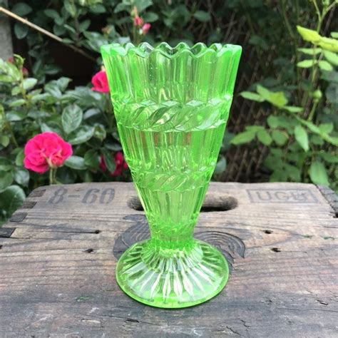 Antique Uranium Green Glass Vase By Henry Greener Pressed Glass