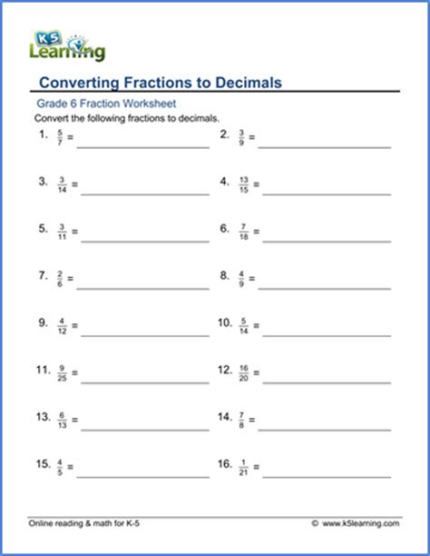 Multiplication and division of decimals are the most frequently. Grade 6 Fractions vs Decimals Worksheets - free & printable | K5 Learning