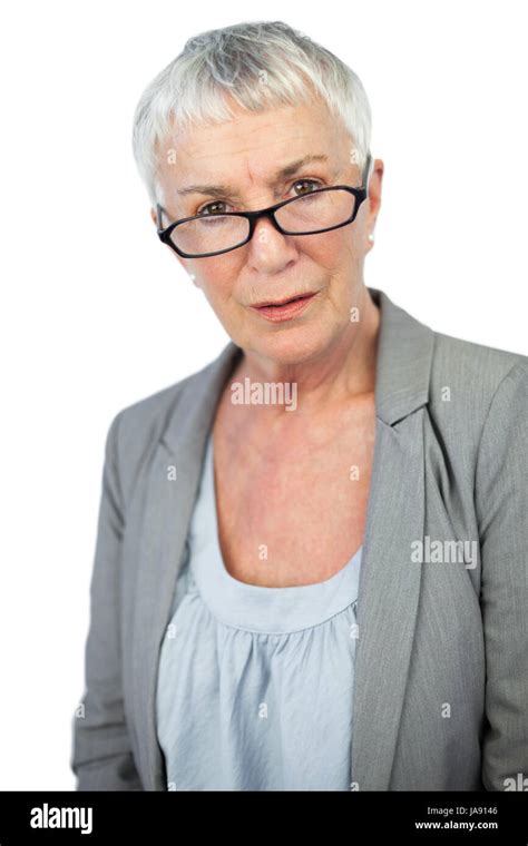Serious Mature Woman Wearing Glasses On White Background
