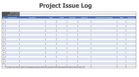 Project Management Issue Log Template