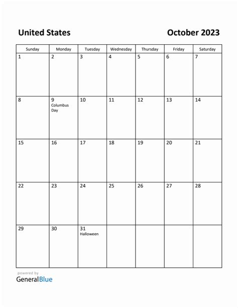 October 2023 Monthly Calendar With United States Holidays