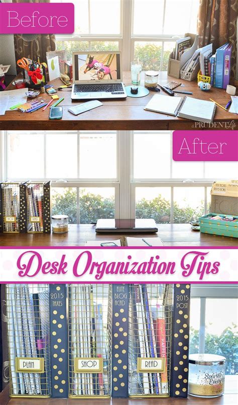 Sort through everything on and inside your desk to see what you can get rid of. Great tips to keep your desk organized, functional, AND ...