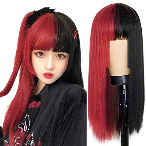 Swiking Long Straight Half Red Half Black Wig Cosplay Bangs Hair