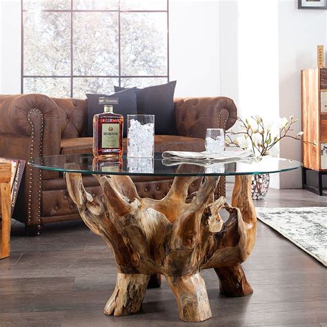 Die kombination aus holz und glas vereint wärme und coolness zu. Couchtisch AMAZONA rund 90 cm Teak Wurzelholz mit ...