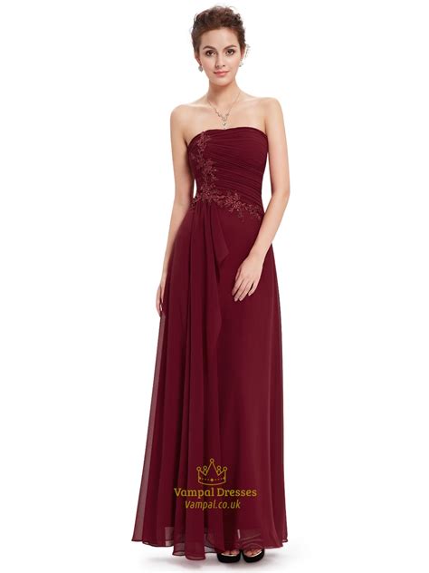 Burgundy Chiffon Strapless Bridesmaid Dresses With Applique Detail Vampal Dresses