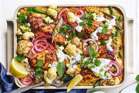 Place the chicken thighs on top of the peppers, chorizo, and onions, skin side up. Korma chicken tray bake | Recipe | Tray bakes, Chicken ...