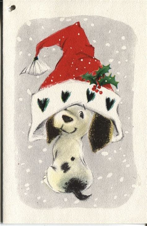 Vintage Hallmark Christmas Card Dog In Santa Hat Dog Christmas