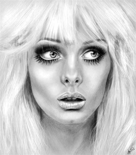 A Drawing Of A Woman With Long Blonde Hair And Big Eyes Wearing Black
