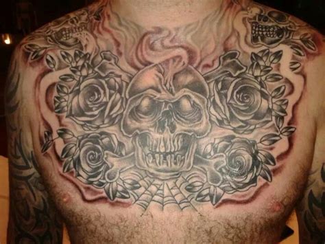 Skull And Roses Chest Tattoo Chest Tattoo Skulls And Roses Tattoos