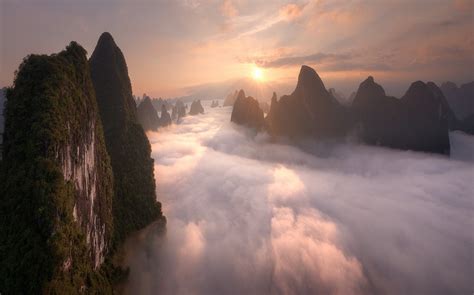 Nature Landscape Sunrise Mountain Mist Clouds China Sky Wallpapers Hd Desktop And