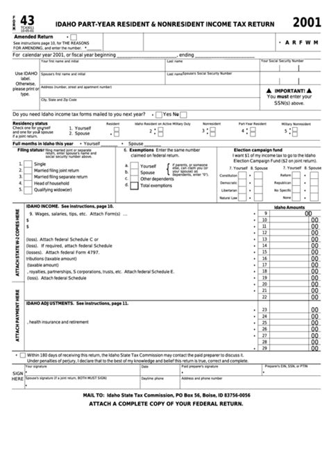 Form 43 State Form Tc43011 Idaho Part Year Resident And Nonresident