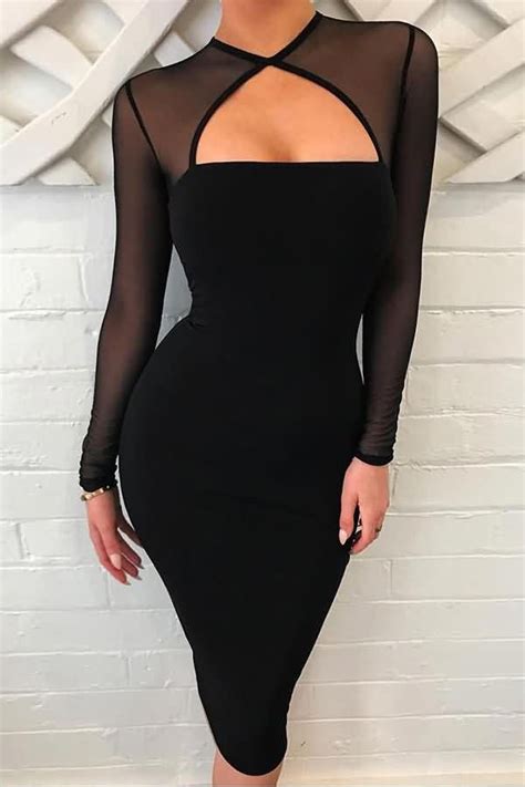 Women Black Mesh Splicing Cutout Long Sleeve Sexy Bodycon Dress L Longsleevecocktaildresses