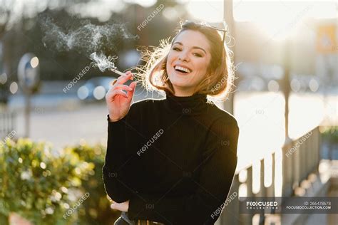 Pretty Woman Smoking Cigarette On Sunny Street — Rest Nicotine Stock