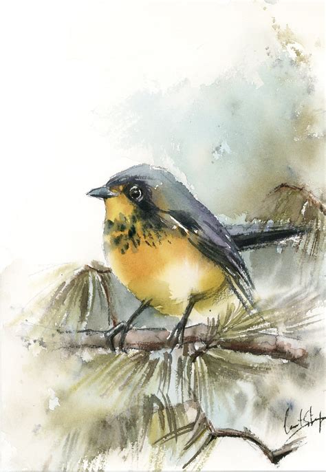 Yellow Bird Original Watercolor Painting Bird On A Pine Branch