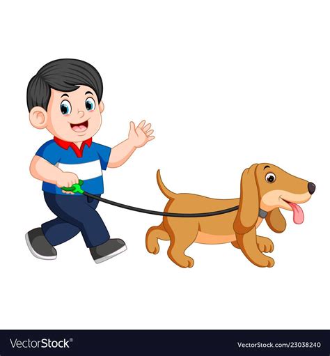 Happy Boy Walking With His Dog Vector Image On Vectorstock Boy
