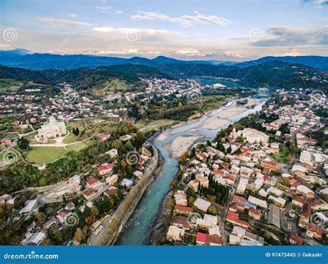 Aerial View Of The Central Part Of Kutaisi With Rioni River Stock Image