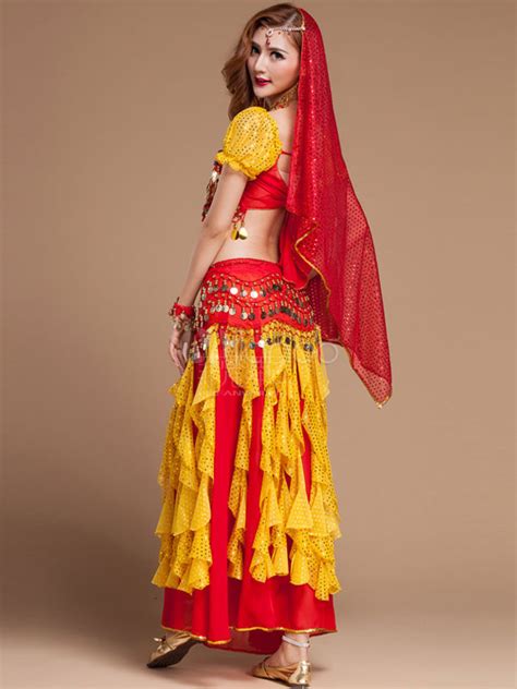 Belly Dance Costume Ribbons Womens Red Bollywood Dance Dress