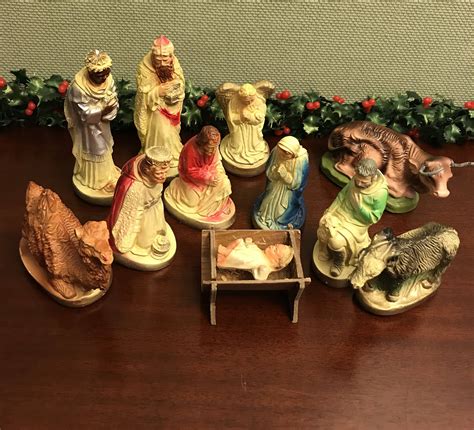 Vintage Nativity Set Mid Century Chalkware Painted Figurines