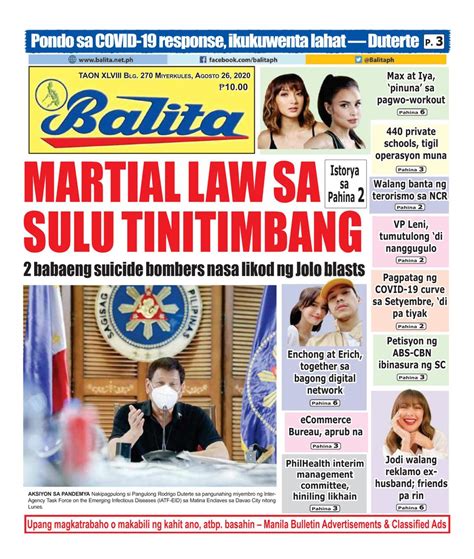 Balita August 26 2020 Newspaper Get Your Digital Subscription