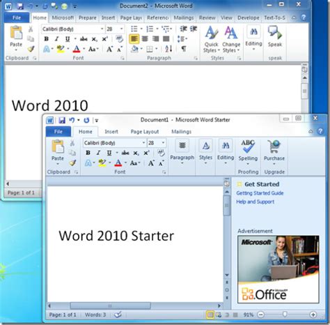 Comparison Office 2010 Vs Office Starter 2010 Word And Excel