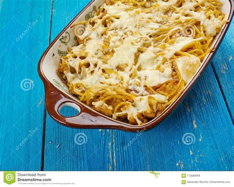It pulls all the delicious spaghetti flavors and melts it wonderfully with the gooey cheese added in. Baked Cream Cheese Spaghetti Casserole Stock Photo - Image ...