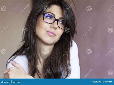 Portrait Of Beautiful Young Smiling Woman With Modern Eyeglasses Stock