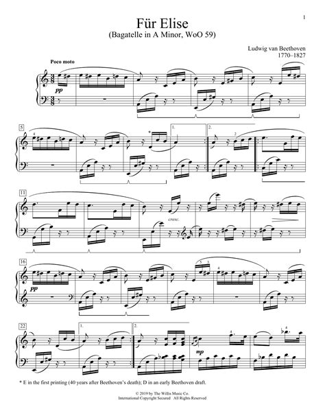 Ludwig Van Beethoven Bagatelle In A Minor Fur Elise Woo 59 Sheet Music