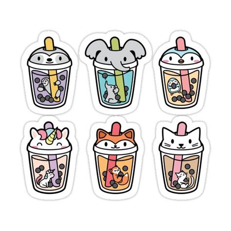 Six Stickers With Cartoon Animals And Drinks On Them All In Different