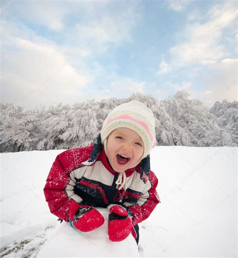 Happy Little Kid Is Playing In Snow Good Winter Weather
