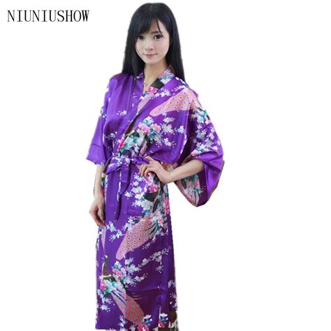 Purple Chinese Lady Bathrobe Silk Rayon Long Kimono Bath Gown