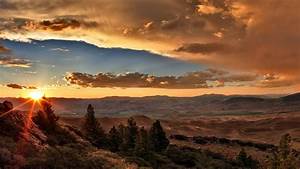 Sunset, Clouds, Valley, Desert, Hill, Trees, Nature