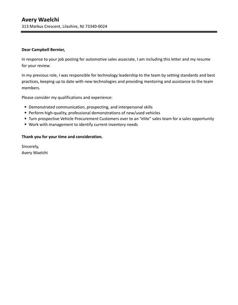 Automotive Sales Associate Cover Letter | Velvet Jobs