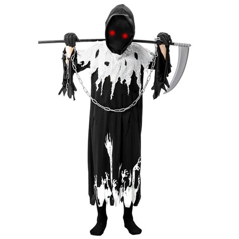 Grim Reaper Costume For Kids With Glowing Red Eyes Halloween Cosplay