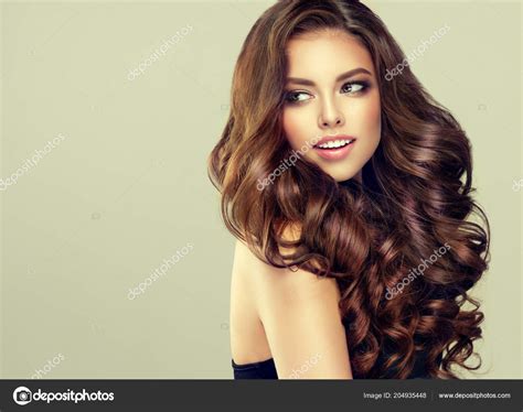 Brunette Girl Long Shiny Curly Hair Beautiful Model Woman Wavy Stock