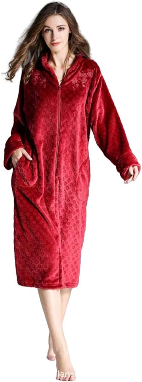 Dhl Womens Zip Up Fleece Robe Full Length Warm Flannel Velvet Bathrobe Embroidered Nightdress