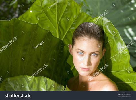 Naked Woman Emerging Giant Leaves Foto Stok Shutterstock