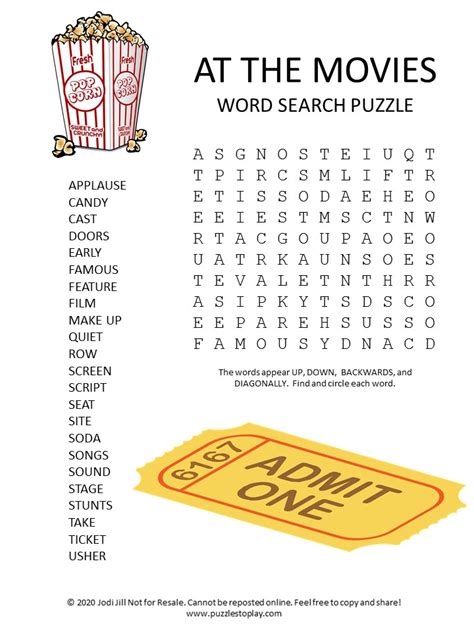 At The Movies Word Search Puzzle Puzzles To Play