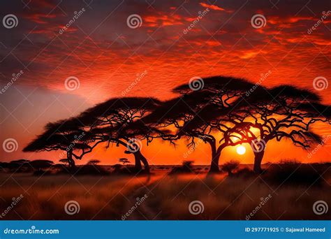 A Fiery Red And Orange Sunset Sky Over A Serene Savannah Landscape With